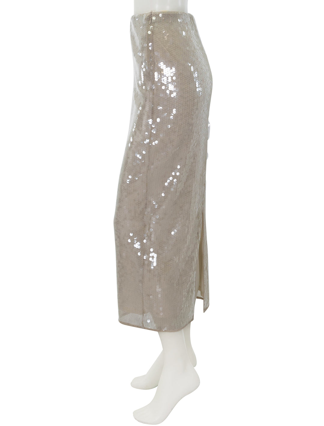 Side view of Staud's casey skirt in moon sequin.