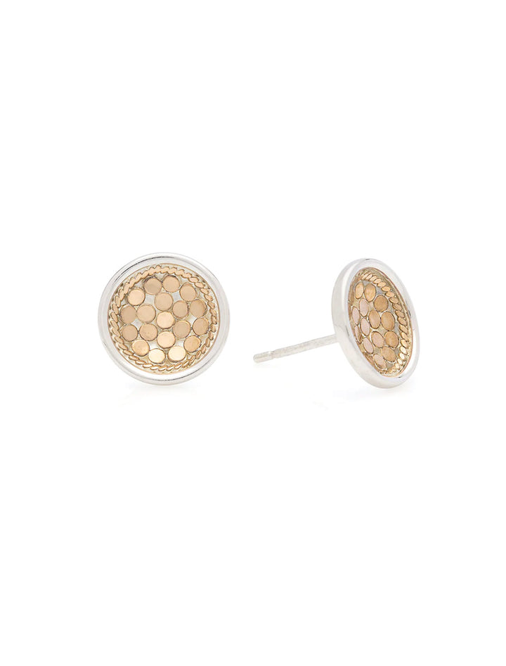 Front view of Anna Beck's gili silver and gold dish earrings.
