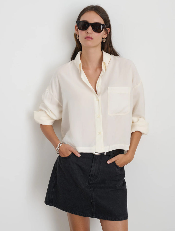 Model wearing Alex Mill's gemma shirt in ivory.