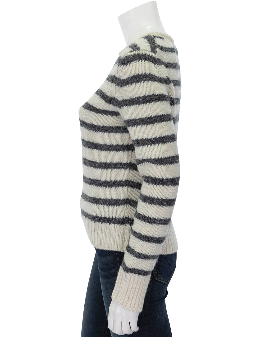 Side view of Alex Mill's jaime sweater in white & ash stripe.