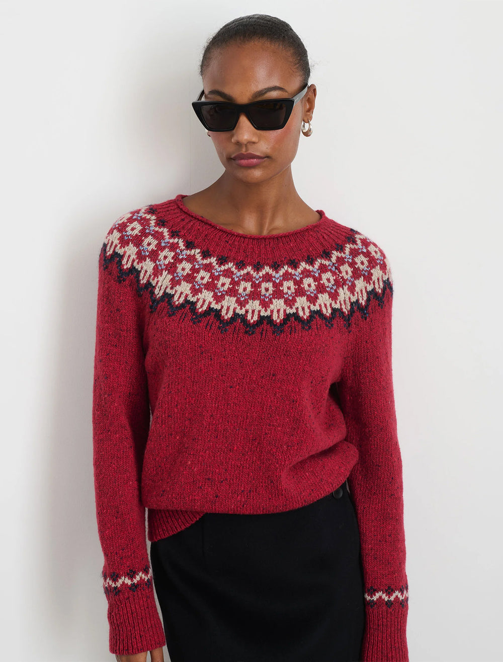 Model wearing Alex Mill's jaime fairisle sweater in red.