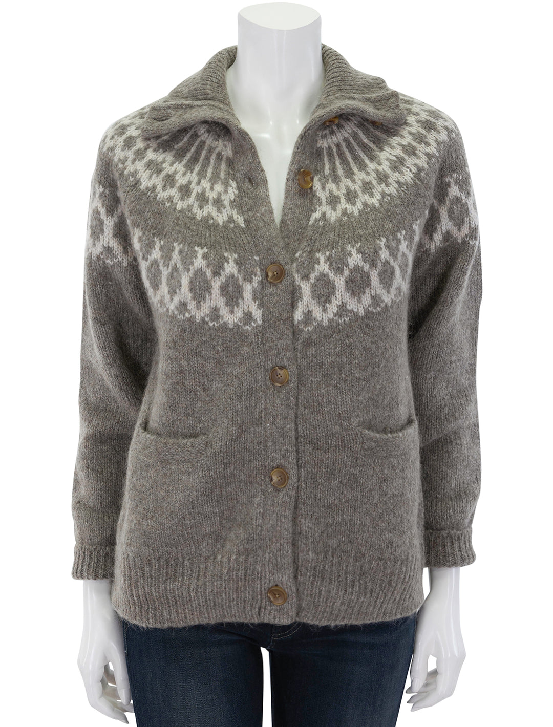 Front view of Alex Mill's louie fairisle cardigan in taupe.