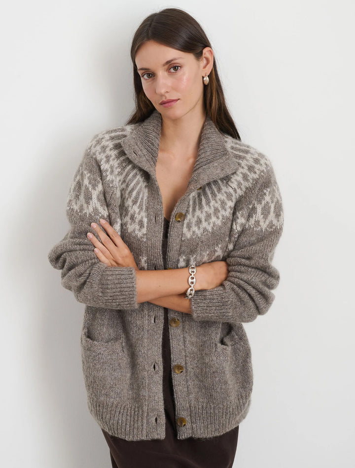 Model wearing Alex Mill's louie fairisle cardigan in taupe.