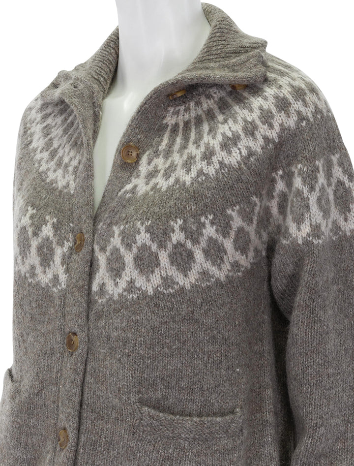 Close-up view of Alex Mill's louie fairisle cardigan in taupe.