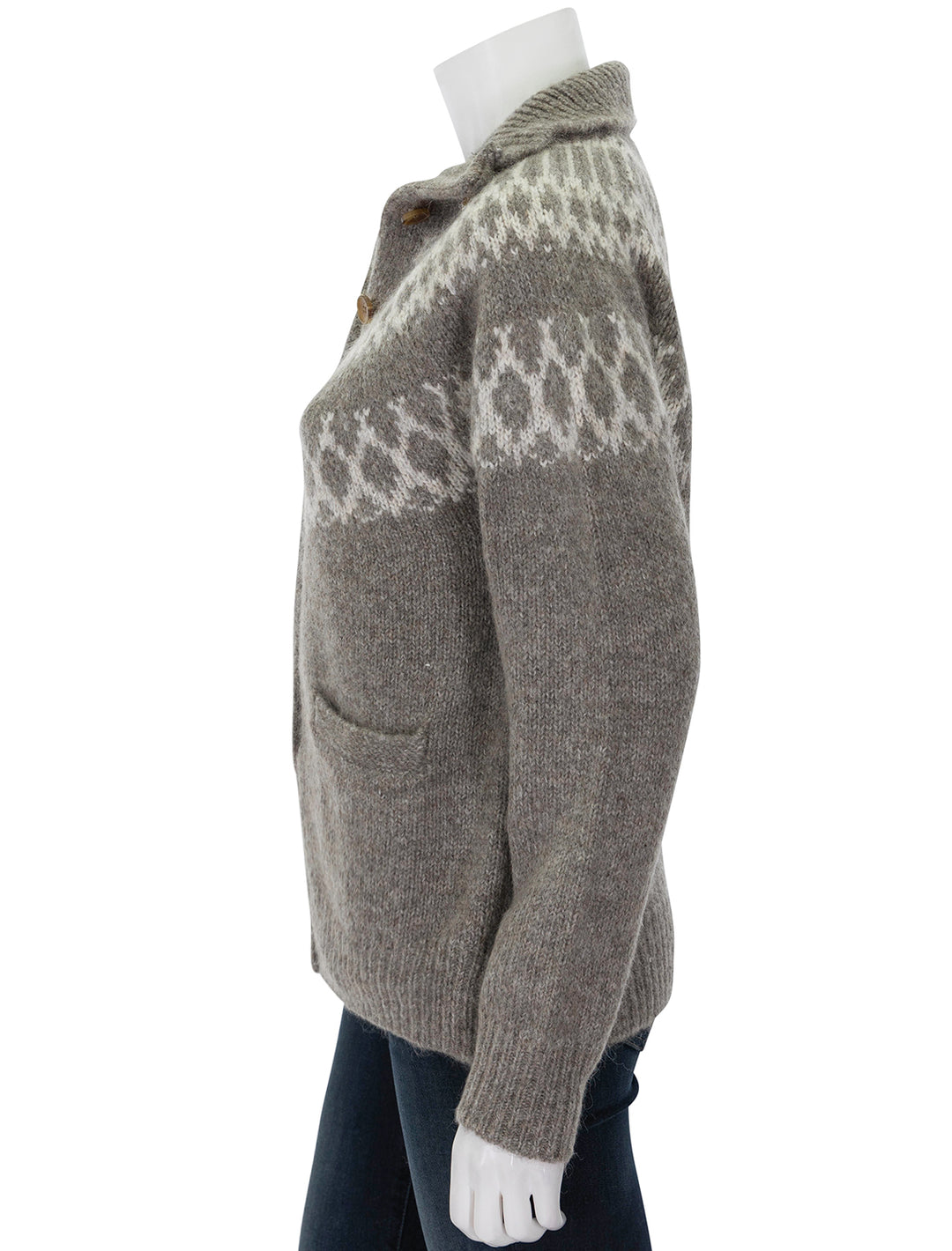 Side view of Alex Mill's louie fairisle cardigan in taupe.