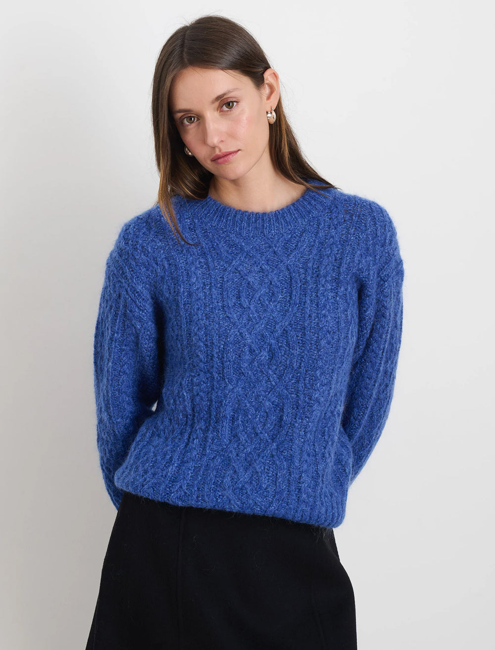 Model wearing Alex Mill's catskill sweater in cobalt blue.