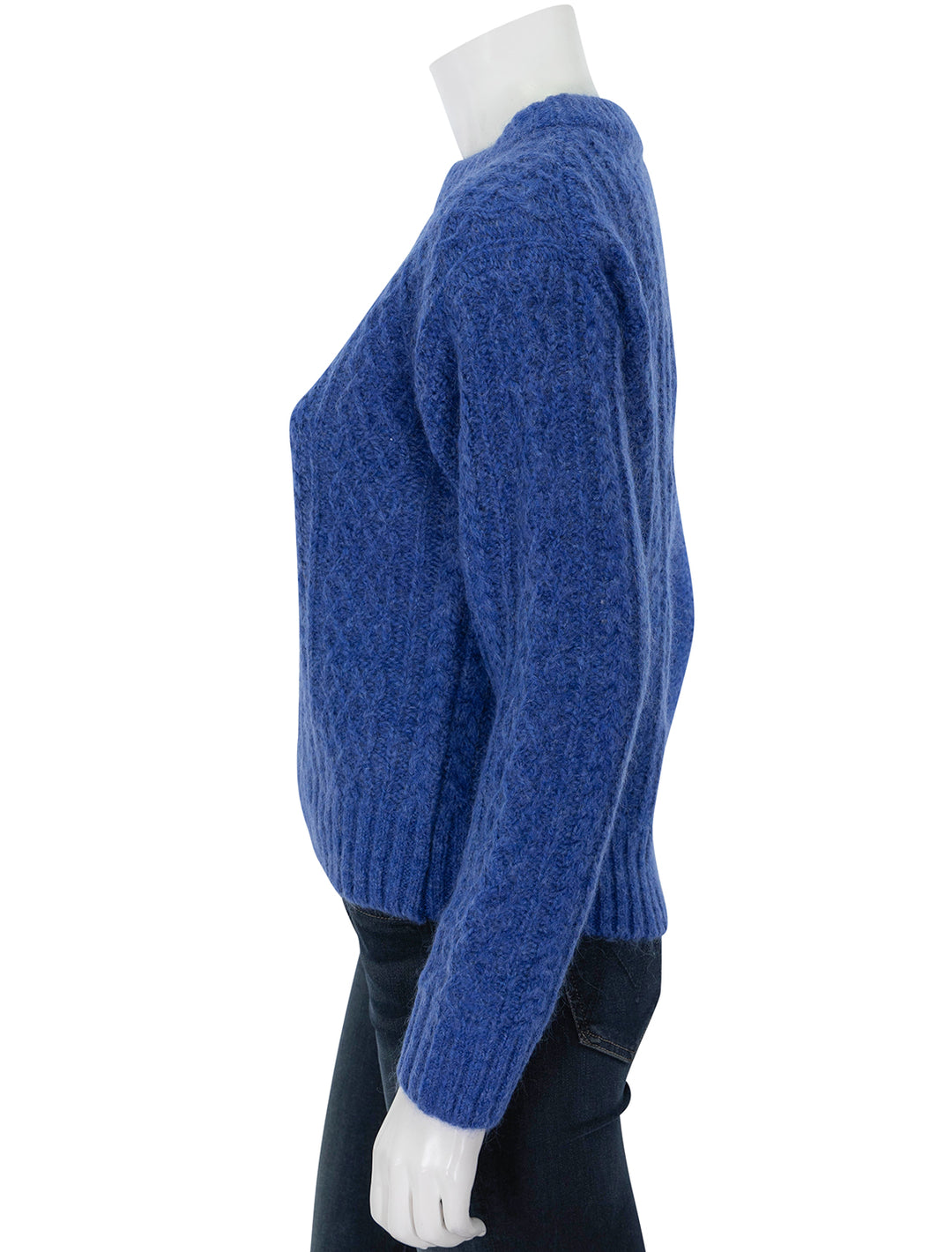 Side view of Alex Mill's catskill sweater in cobalt blue.