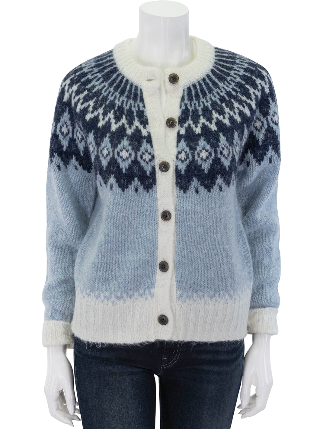 Front view of Alex Mill's ashwood fair isle cardigan in frosty blue.