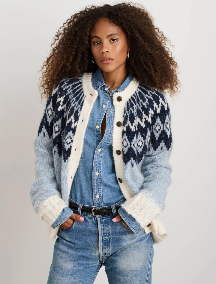 Model wearing Alex Mill's ashwood fair isle cardigan in frosty blue.