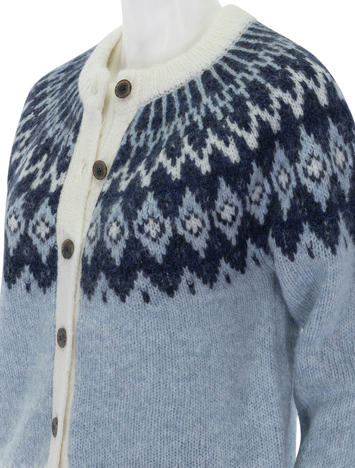 Close-up view of Alex Mill's ashwood fair isle cardigan in frosty blue.