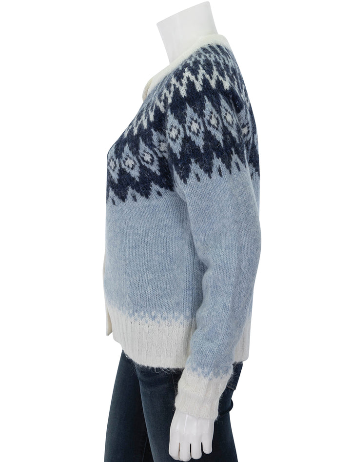 Side view of Alex Mill's ashwood fair isle cardigan in frosty blue.