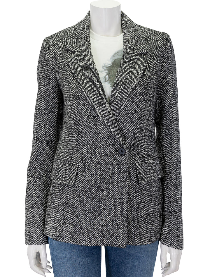 Front view of Citizens of Humanity's matteau blazer in peppered herringbone, buttoned.