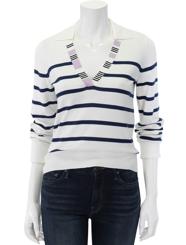 striped split collar sweater in white and midnight