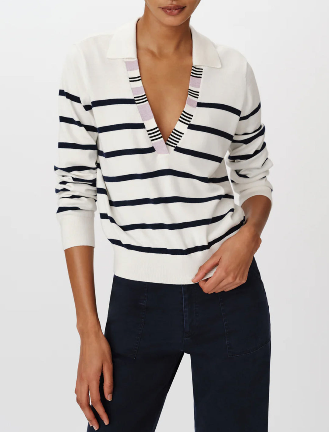 striped split collar sweater in white and midnight