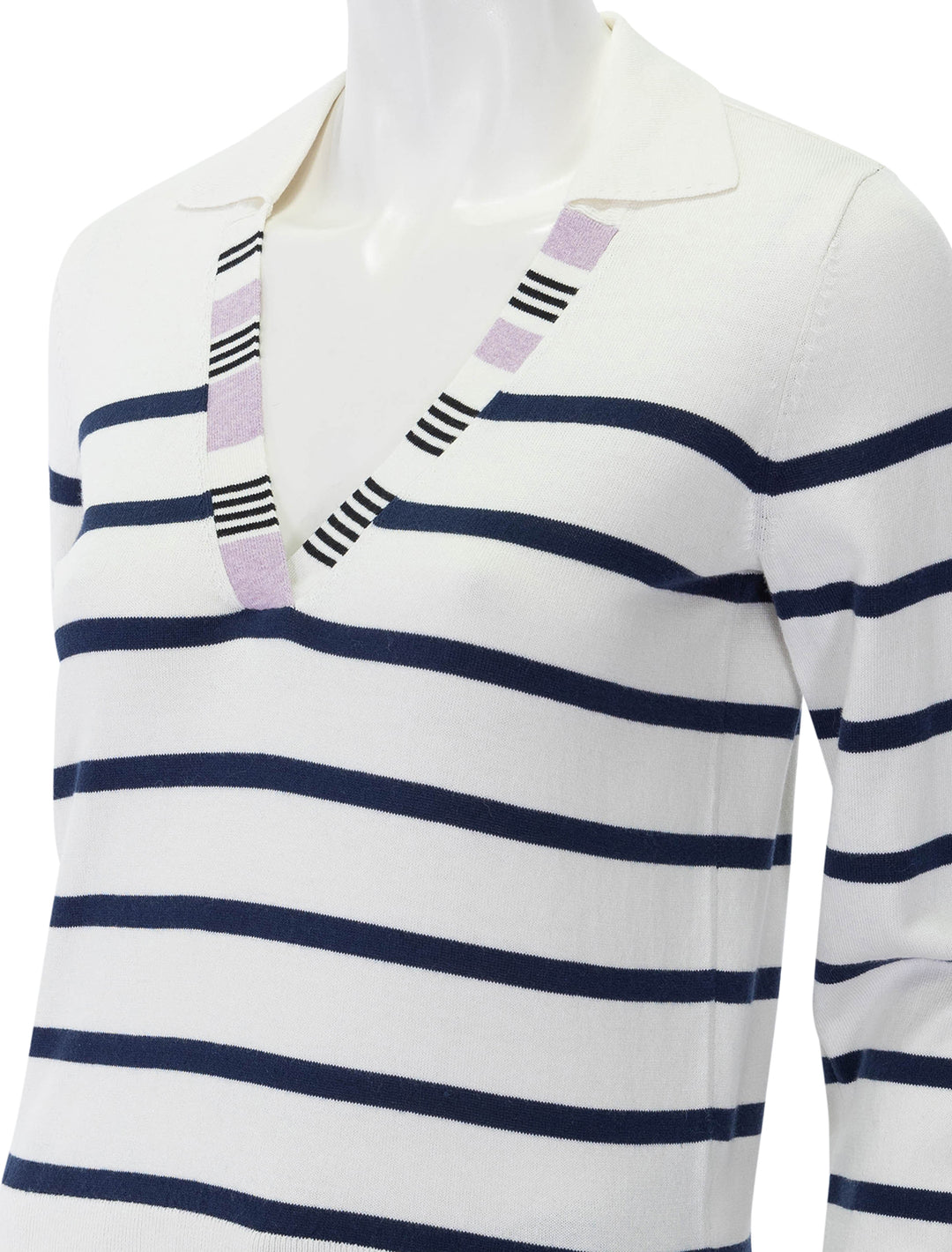 striped split collar sweater in white and midnight