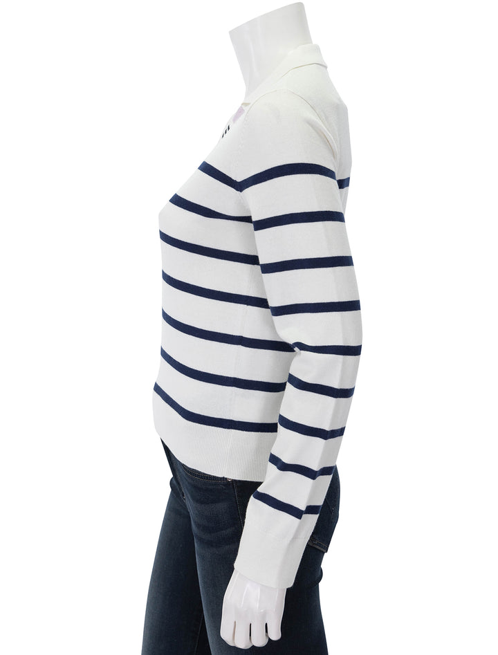 striped split collar sweater in white and midnight