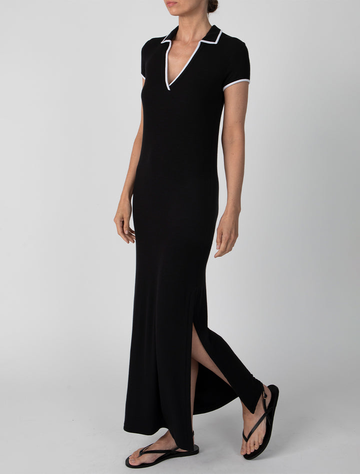 modal rib polo dress in black with white tipping