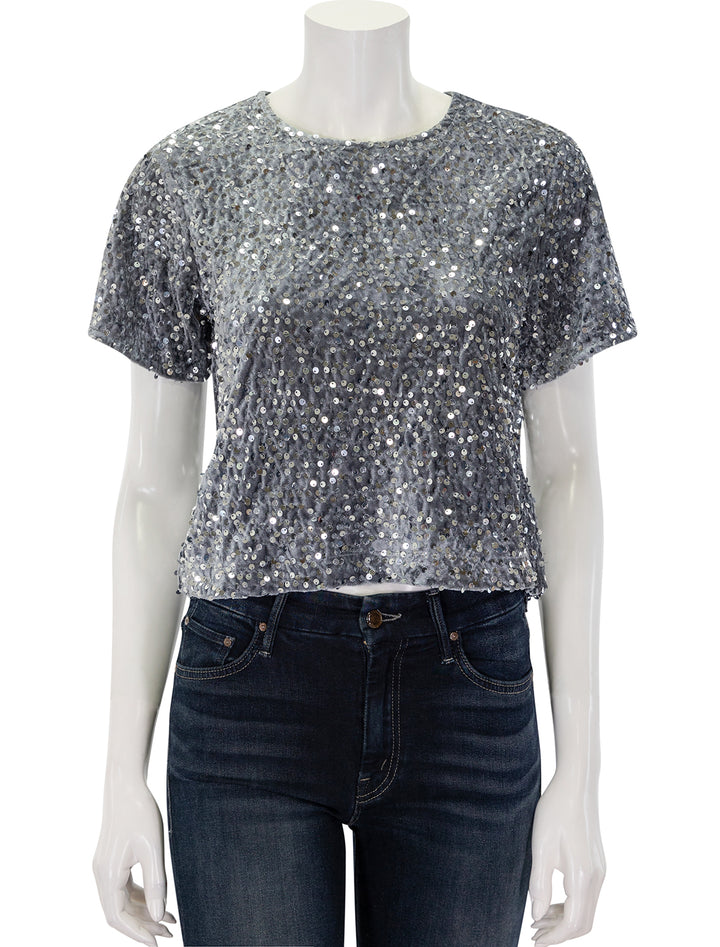 Front view of Steve Madden's cressa top in silver grey.