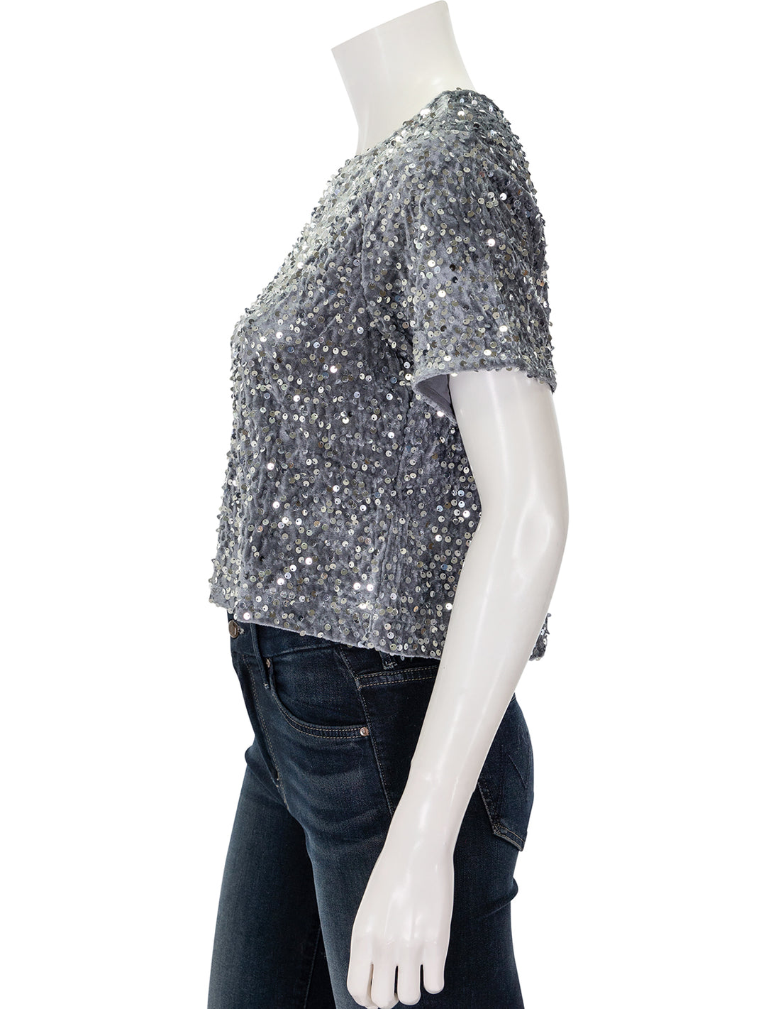 Side view of Steve Madden's cressa top in silver grey.