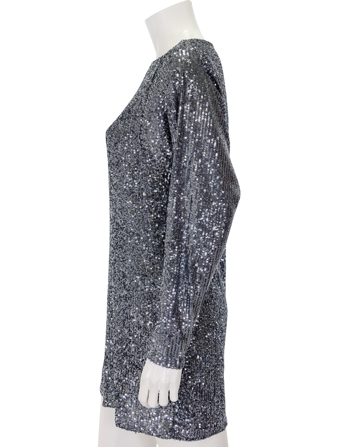 Side view of Steve Madden's ginger dress in silver grey.