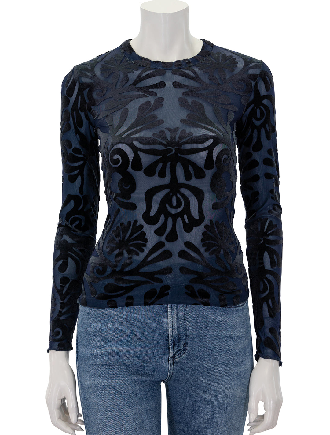 front view of alia stretch velvet top in navy