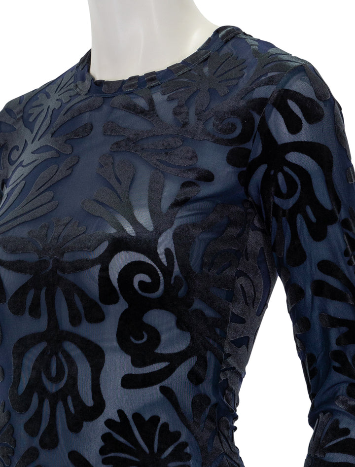 close up view of alia stretch velvet top in navy