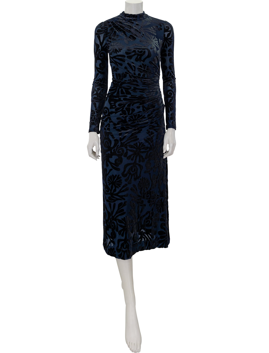 front view of alia stretch burnout velvet dress in navy