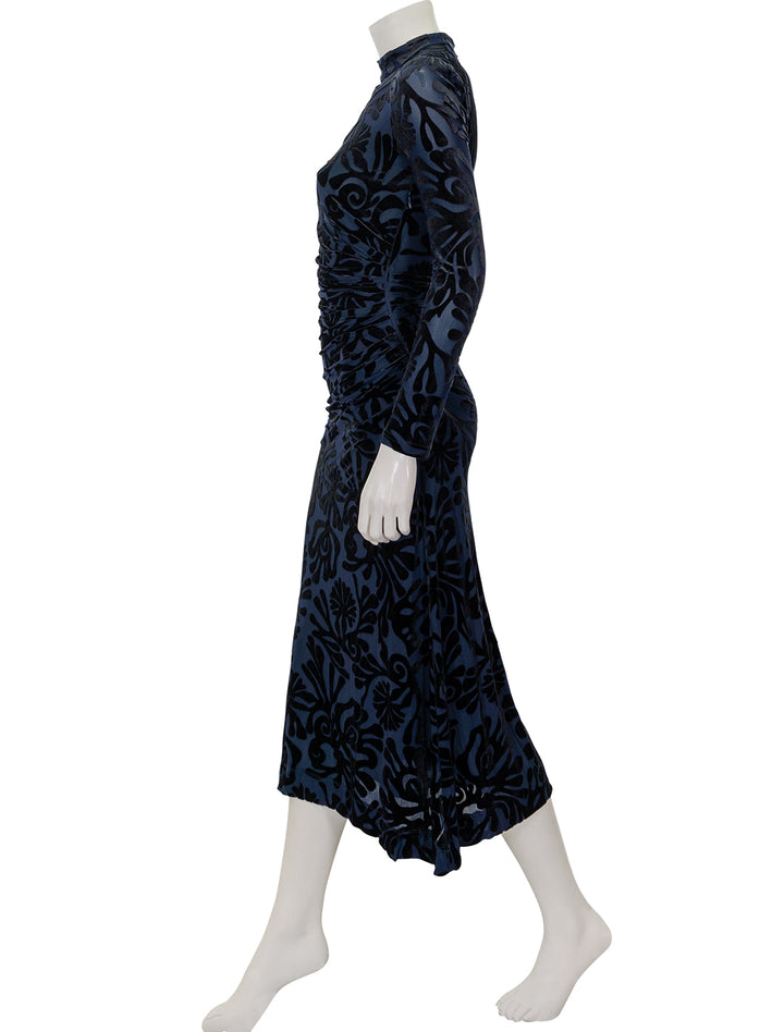 side view of alia stretch burnout velvet dress in navy