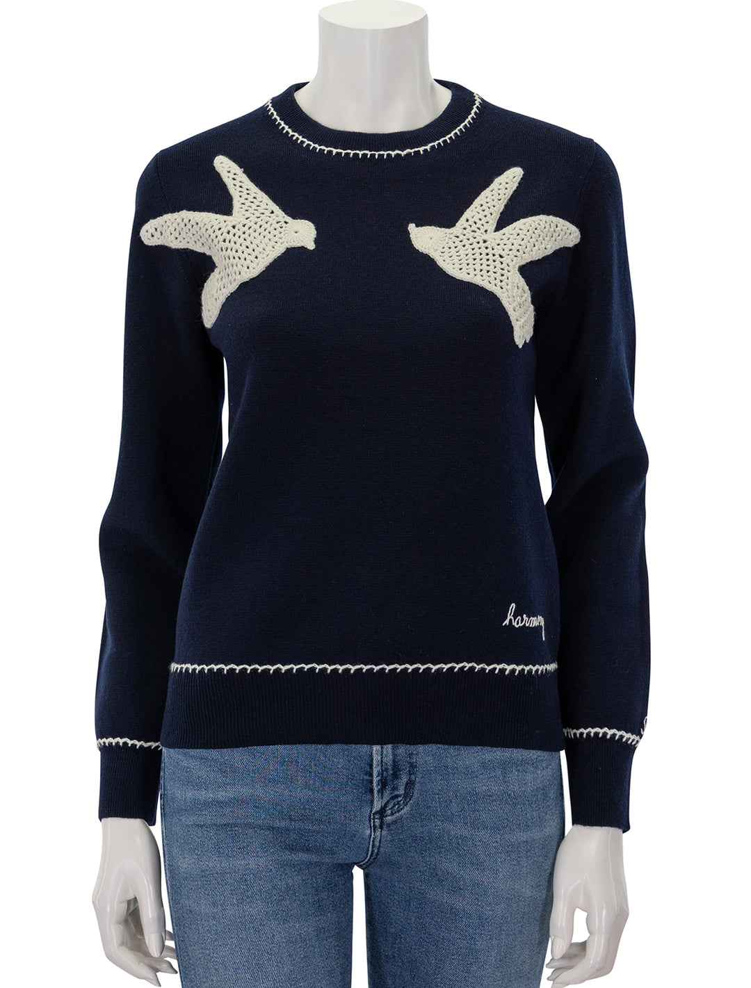 front view of sally crochet sweater in navy