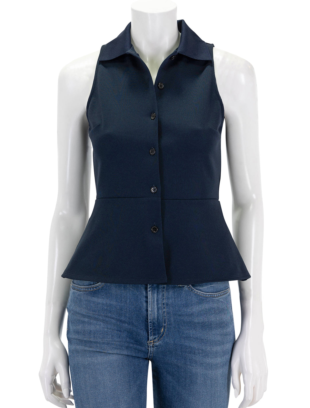 Front view of Theory's summer button down peplum top in navy.