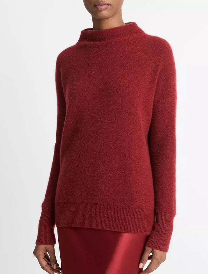 boiled funnel neck pullover in heather ruby ink