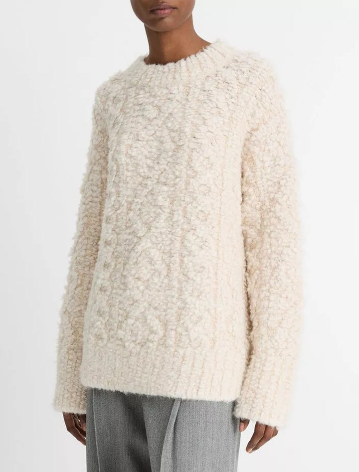 textured loop stitch cable crew neck sweater in off white