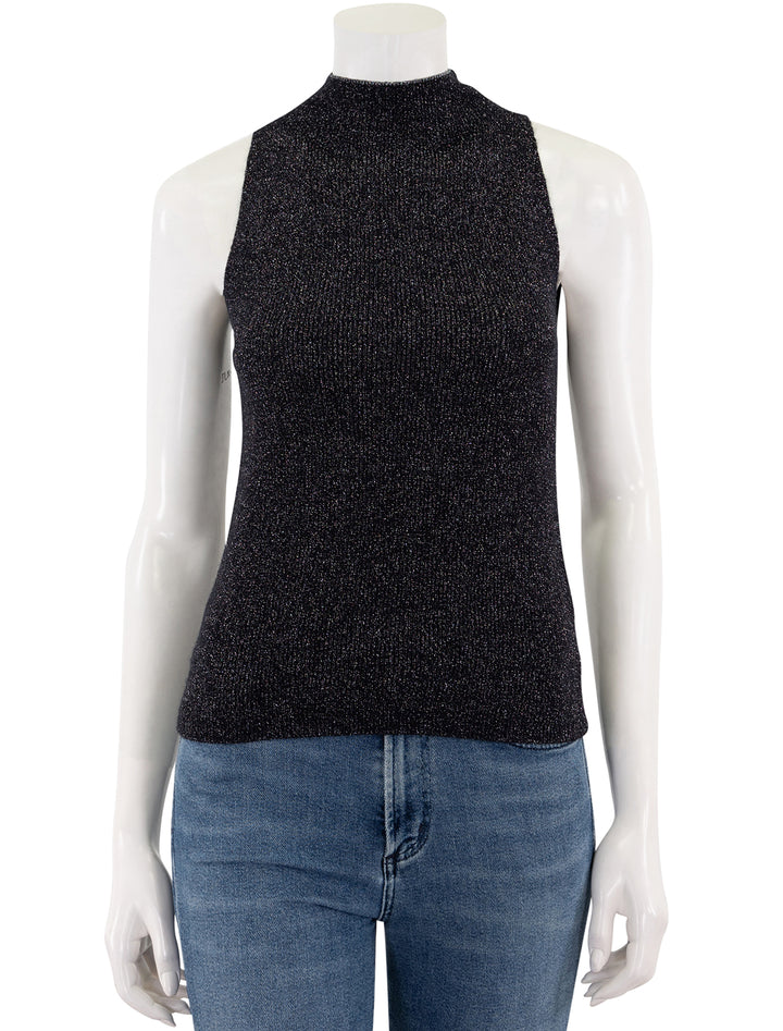 metallic mock neck tank in black