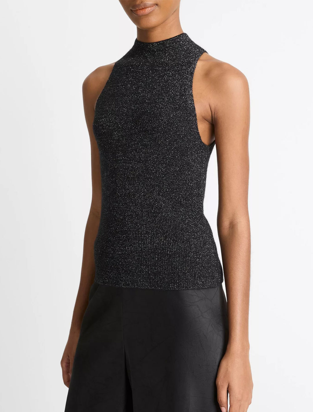 metallic mock neck tank in black