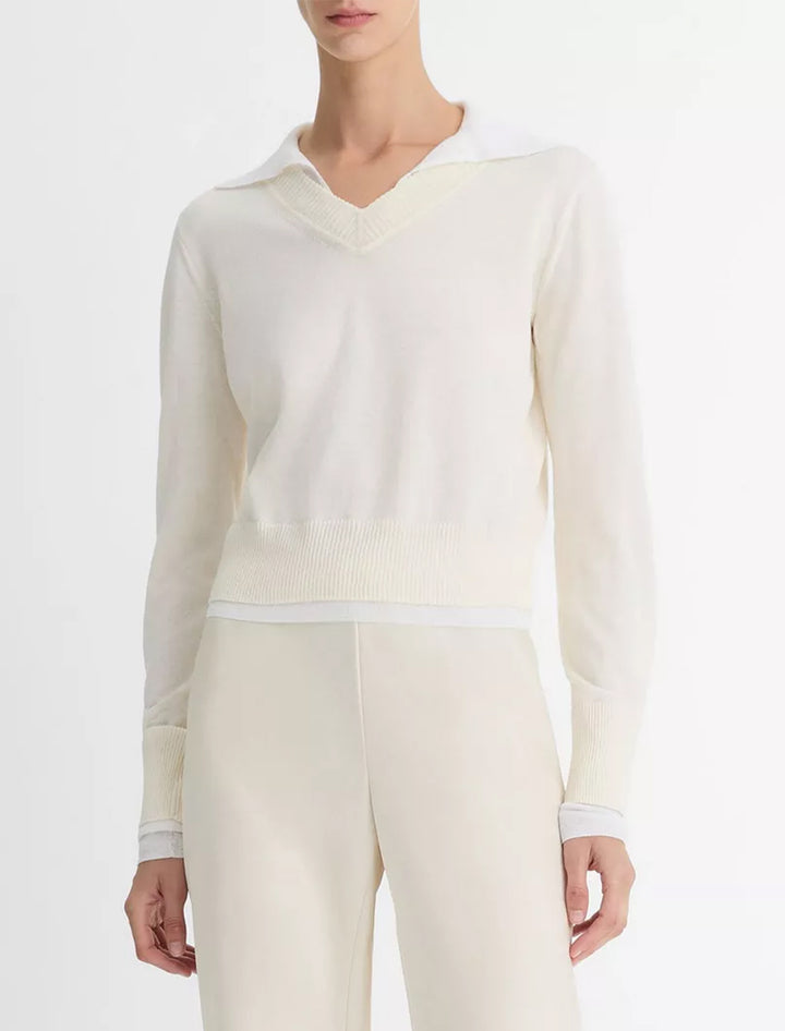 double layer collared pullover in bell and optic white