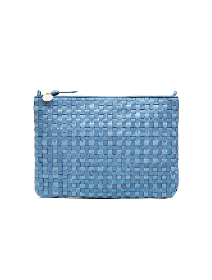 flat clutch with tabs in light blue woven checker