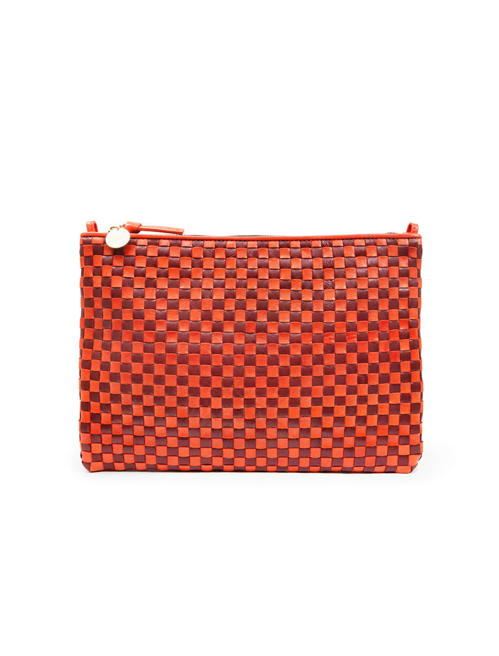 flat clutch with tabs in bright poppy and bordeaux