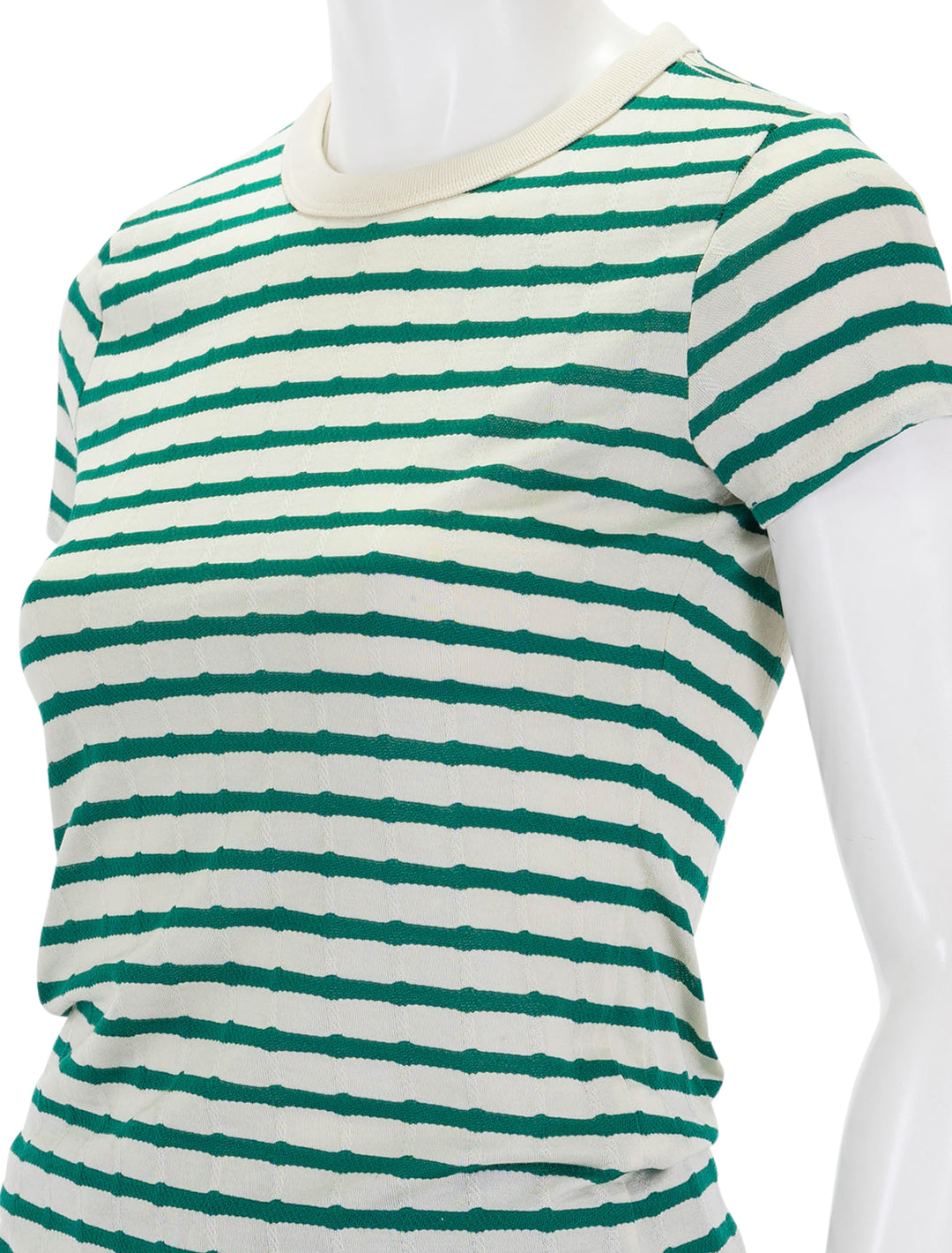 Close-up view of Nation LTD's laurence shrunken tee in verdant stripe.