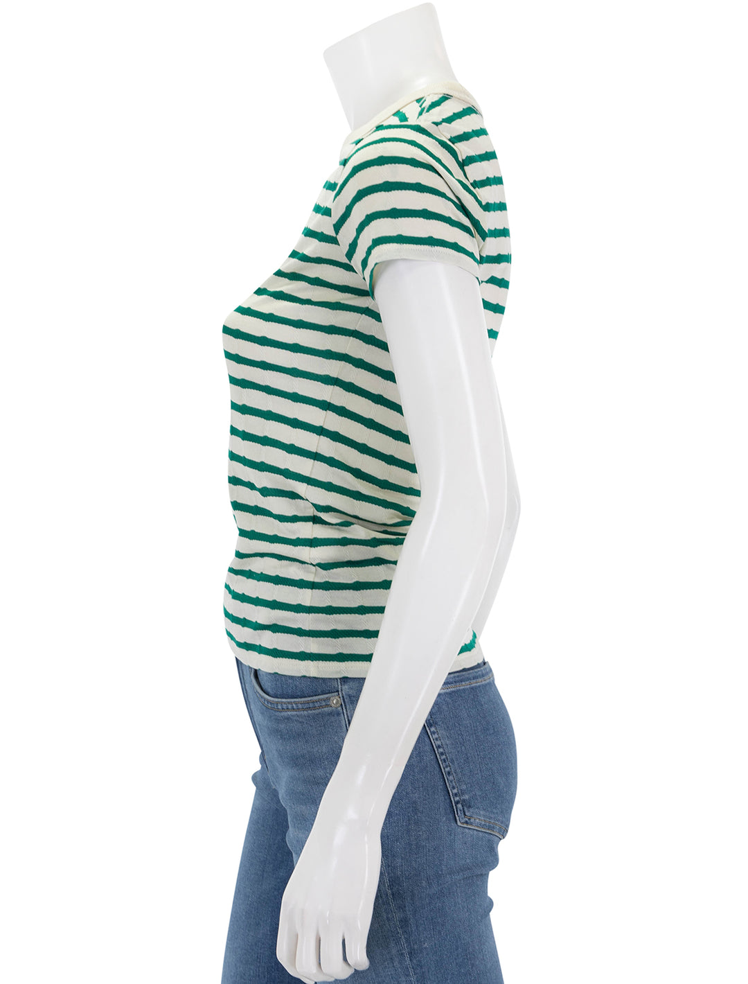 Side view of Nation LTD's laurence shrunken tee in verdant stripe.