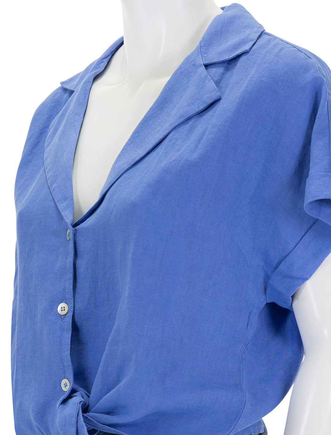 Close-up view of Nation LTD's sol tie front blouse in wedgewood.