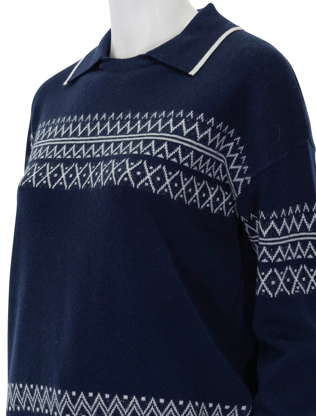 Close-up view of Stateside's Fair Isle Polo Sweater in New Navy.