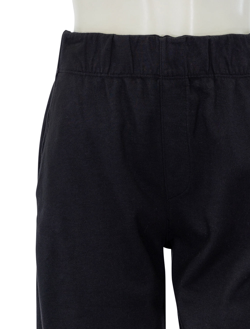 Close-up view of Stateside's ponte barrel pant in black.