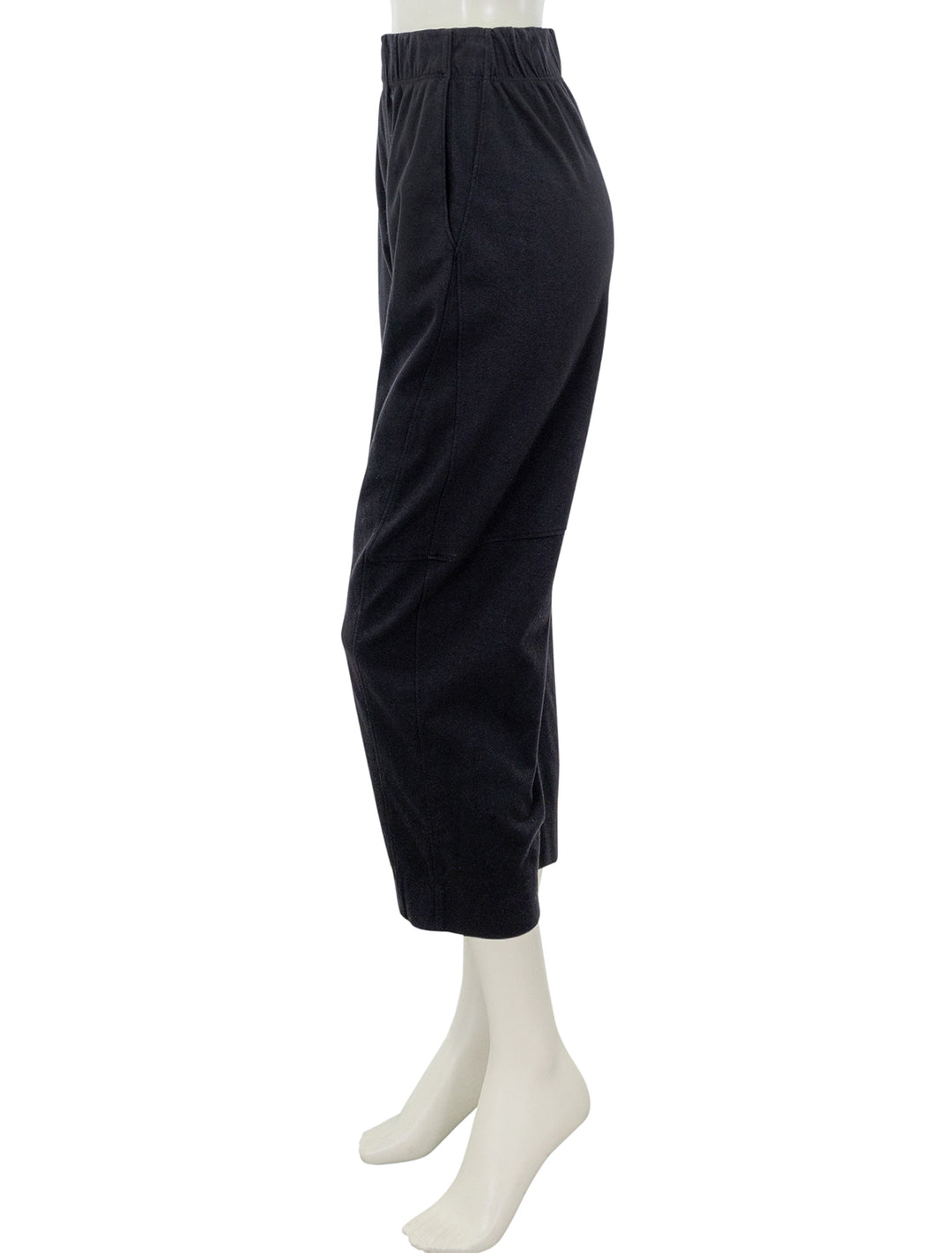 Side view of Stateside's ponte barrel pant in black.