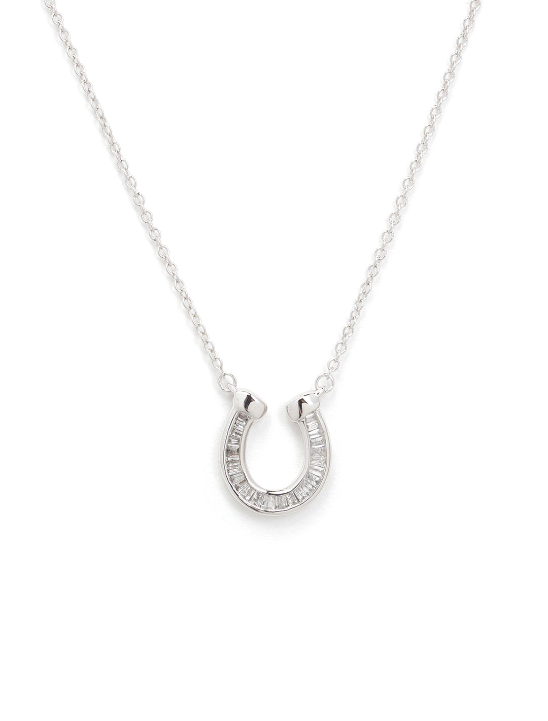 Front view of Adina Reyter's baguette horseshoe necklace in silver.