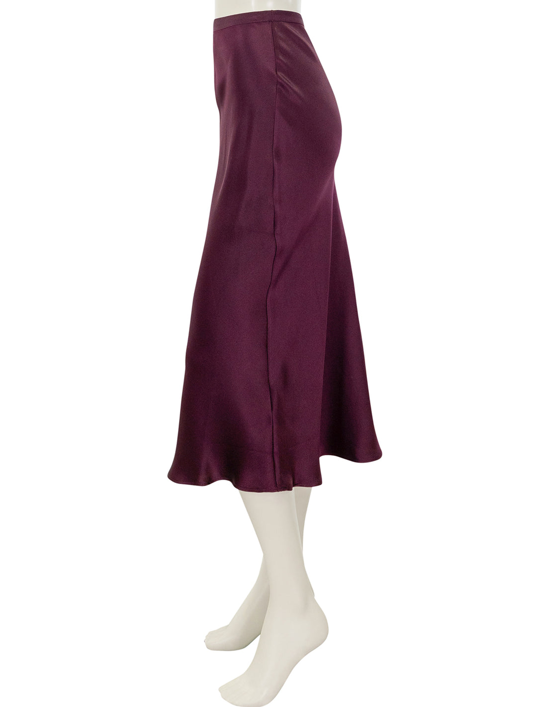 Side view of Anine Bing's bar silk skirt in bordeaux.