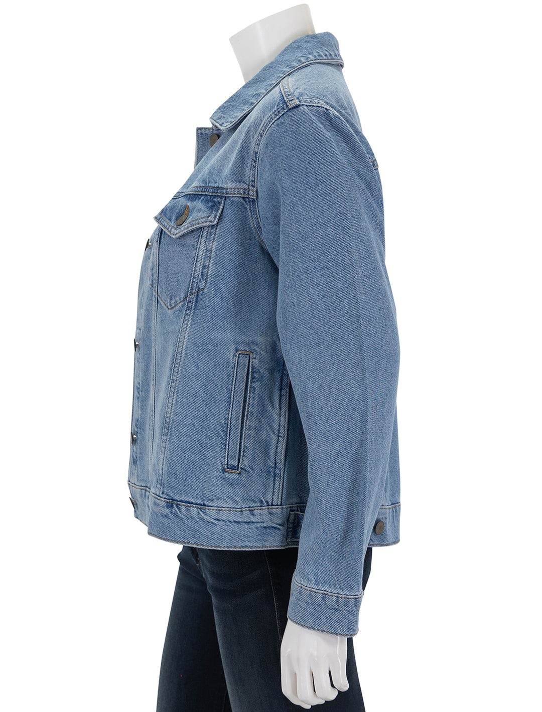 Side view of Rails' the mulholland denim jacket in original blue.