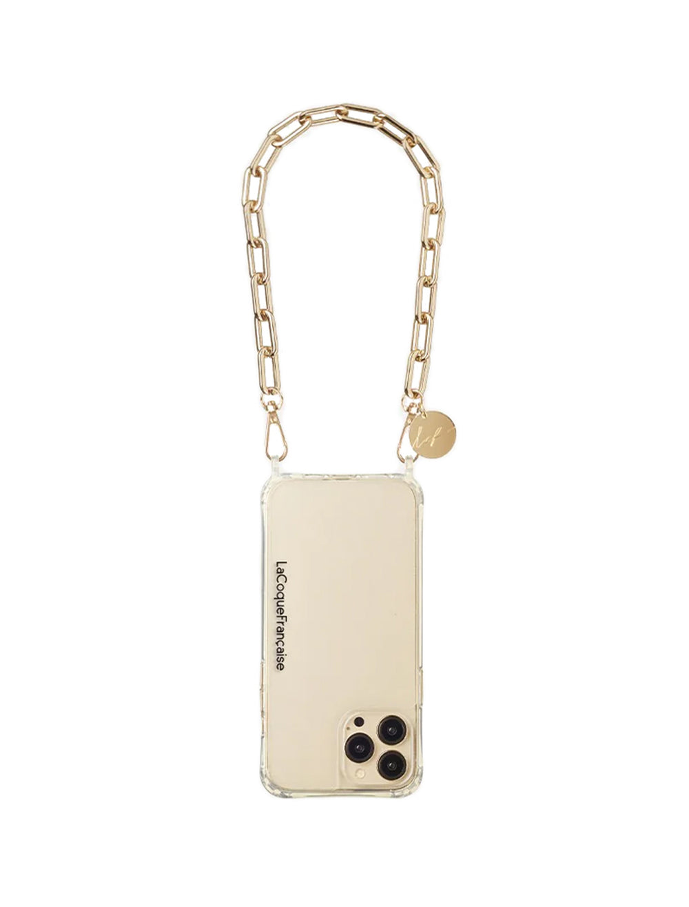 Overhead view of La Coque Francaise billy strap dore 40 cm attached to a phone case