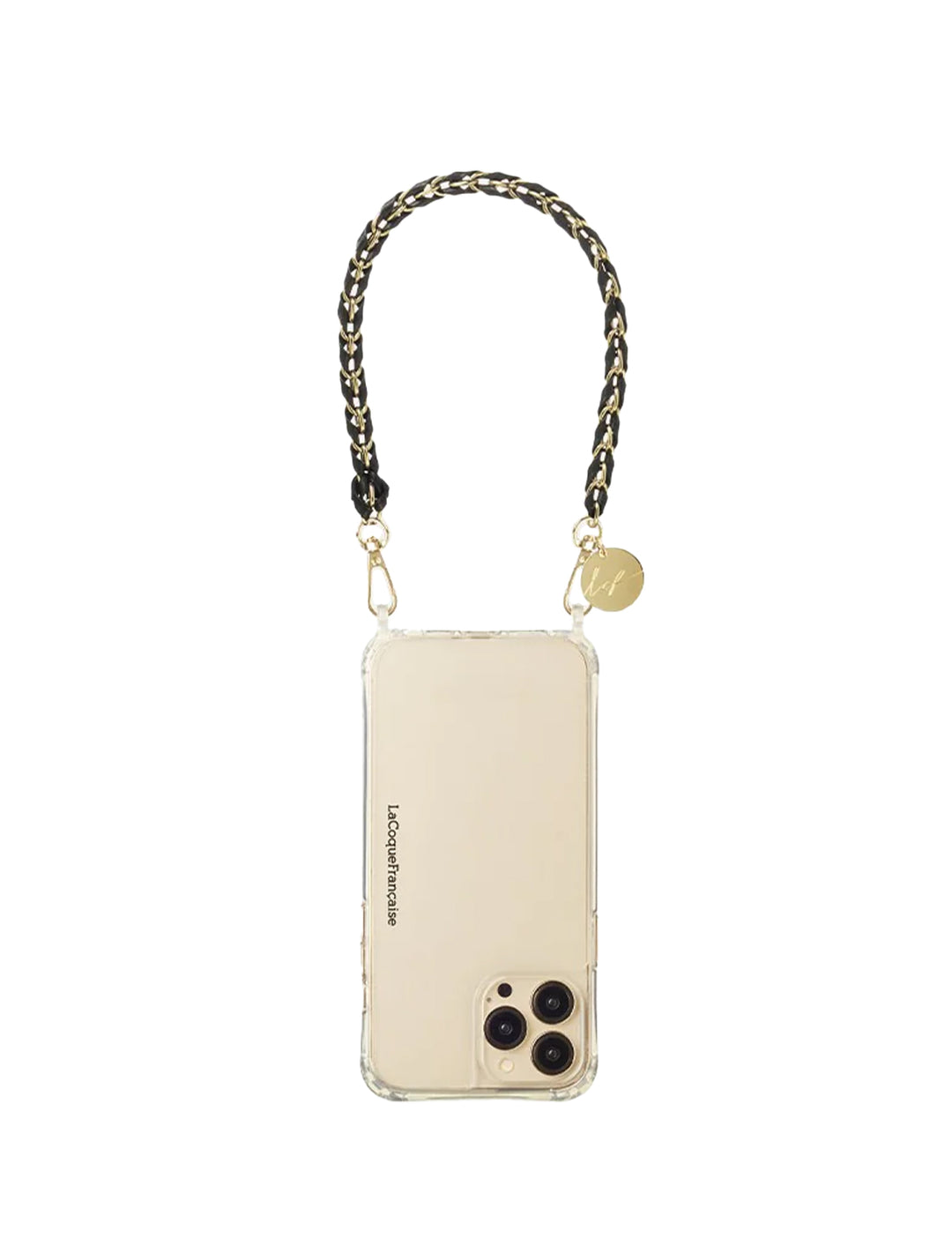 La Coque Francaise lou noir et dore strap 40 cm attached to a phone.