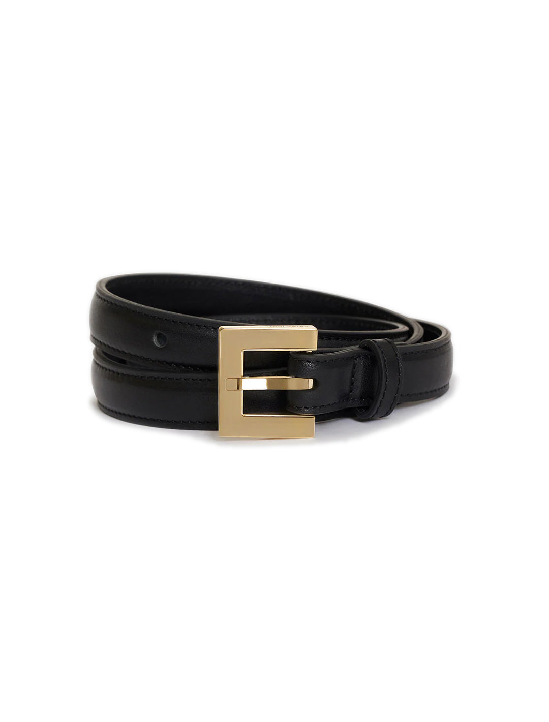 Front view of Anine Bing's nicola belt in black and gold, spiraled.