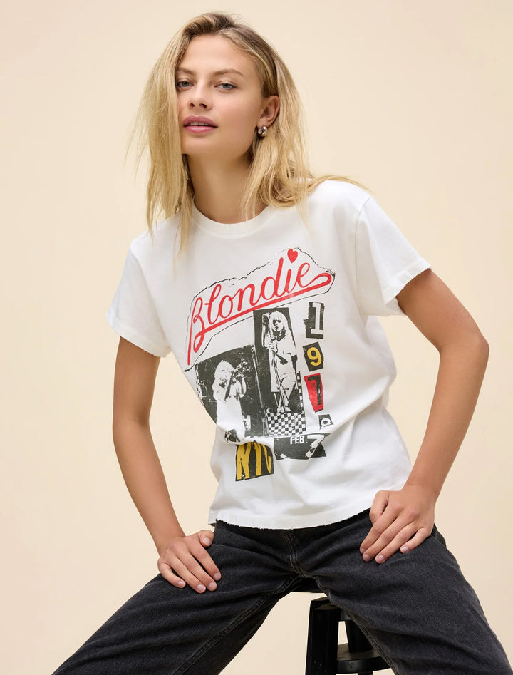 Model wearing Daydreamer's blondie valentine collage tour tee.